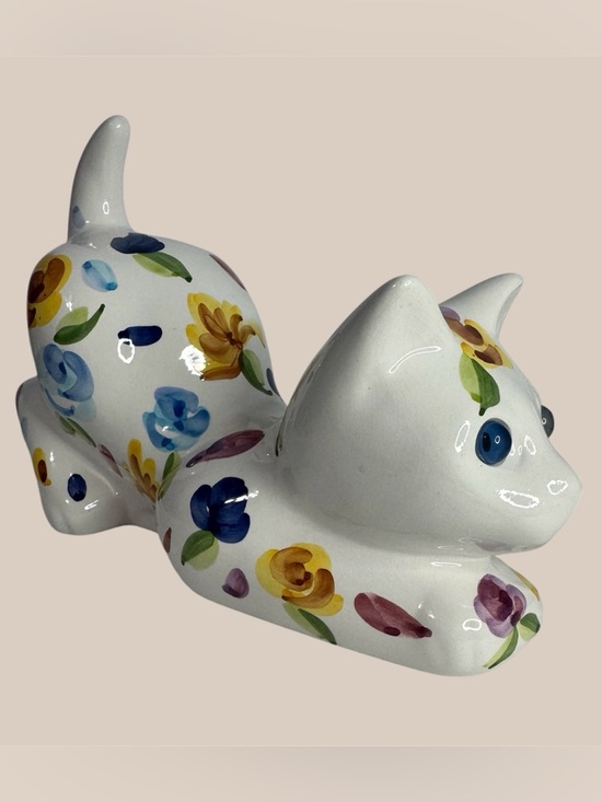 ELPA Alcobaca Other - Vintage Floral Cat 10" Figurine Hand Painted Bright Blue Eyes Portugal Pottery